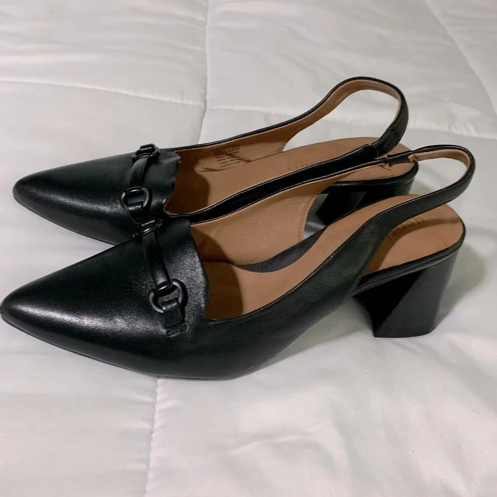 gentle souls Black Leather Slingback Block Heel Pumps
